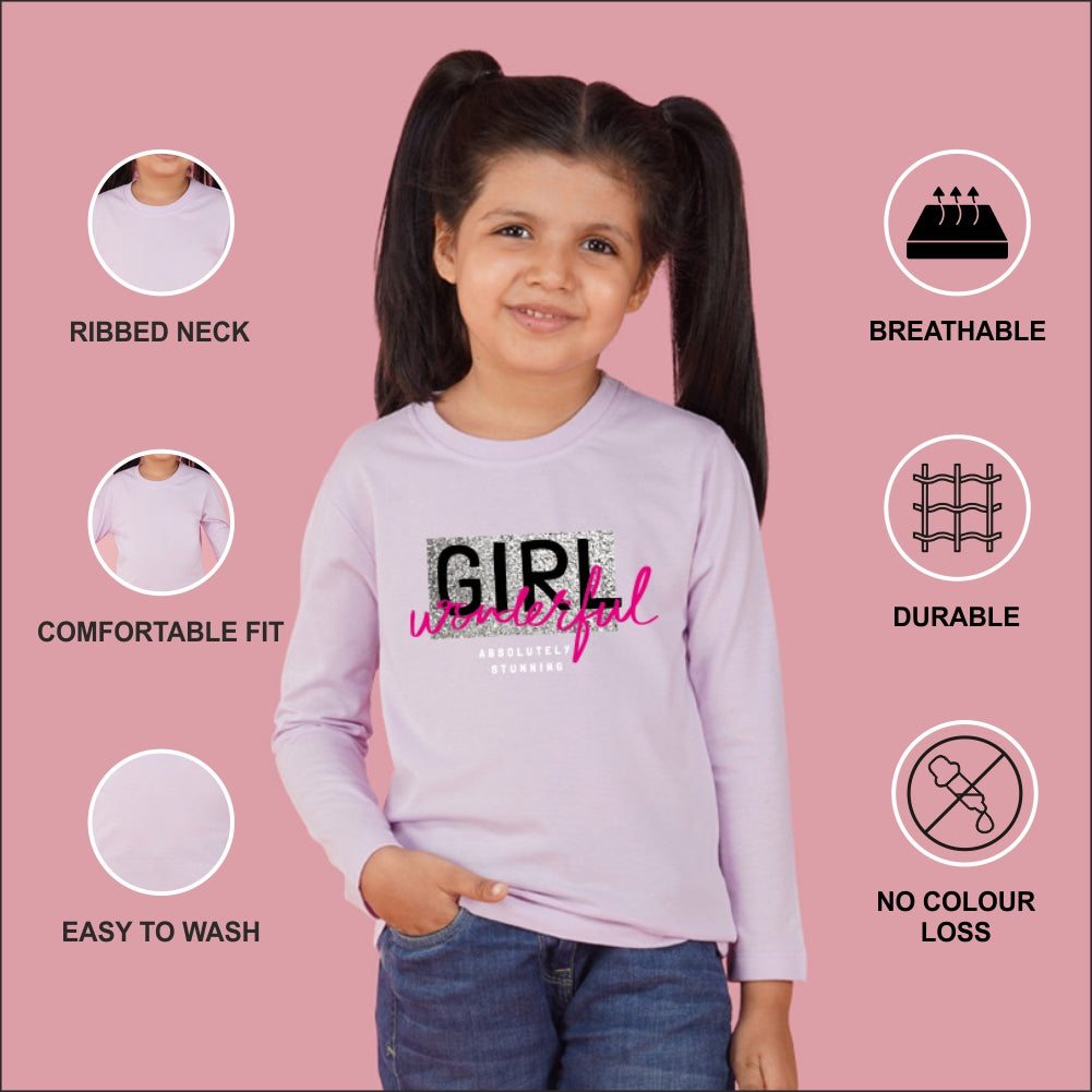NUSYL Cotton blend full sleeves  Wonderful girl text Printed Tee-Lilac