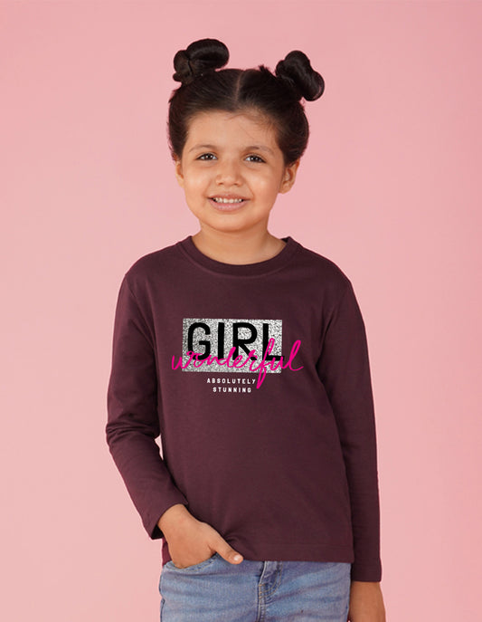 NUSYL Cotton blend full sleeves  Wonderful girl text Printed Tee-Wine