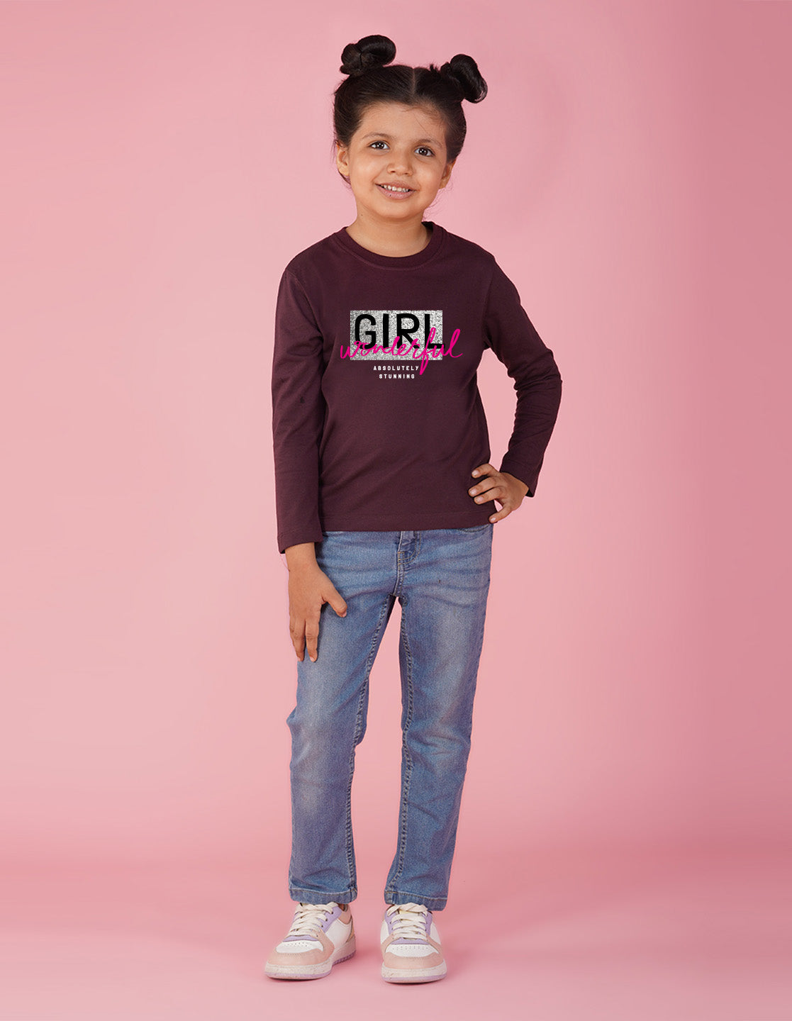 NUSYL Cotton blend full sleeves  Wonderful girl text Printed Tee-Wine