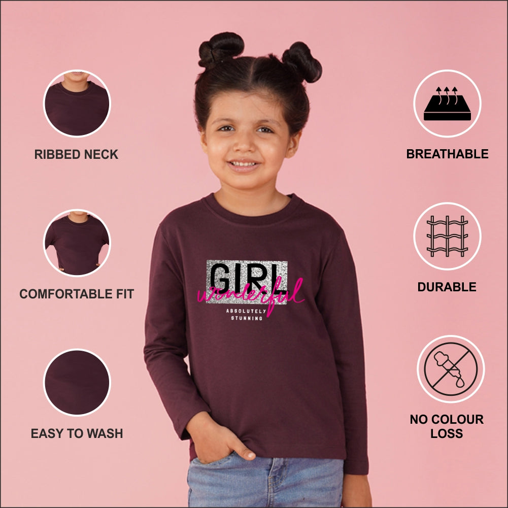 NUSYL Cotton blend full sleeves  Wonderful girl text Printed Tee-Wine