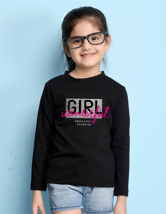 NUSYL Cotton blend full sleeves  Wonderful girl text Printed Tee-Black