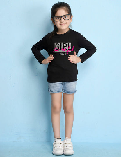 NUSYL Cotton blend full sleeves  Wonderful girl text Printed Tee-Black