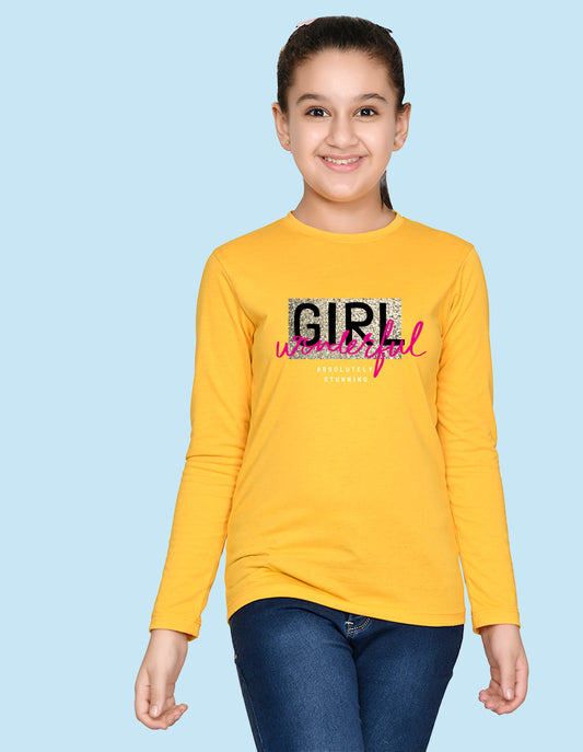 NUSYL Cotton blend full sleeves  Wonderful girl text Printed Tee-Yellow