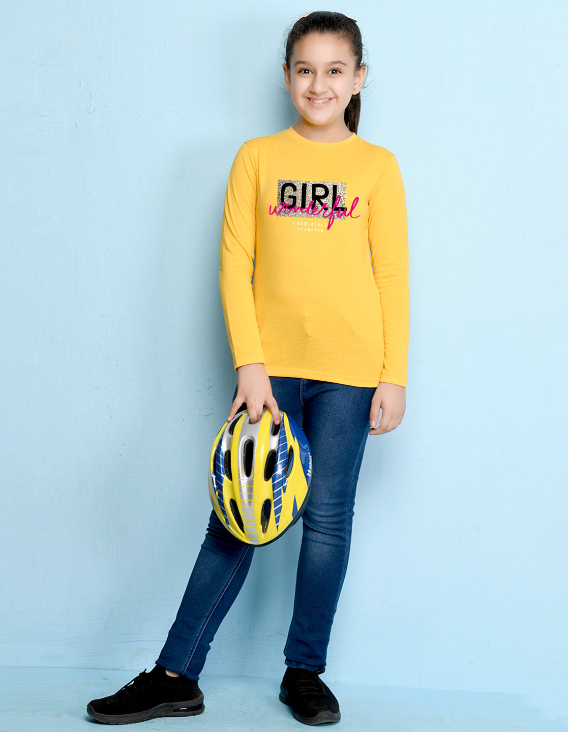 NUSYL Cotton blend full sleeves  Wonderful girl text Printed Tee-Yellow