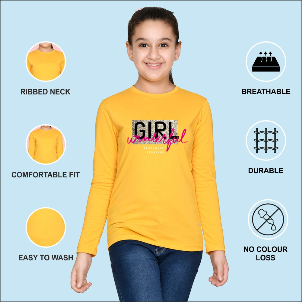 NUSYL Cotton blend full sleeves  Wonderful girl text Printed Tee-Yellow