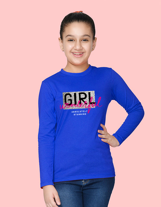 NUSYL Cotton blend full sleeves  Wonderful girl text Printed Tee-Royal Blue