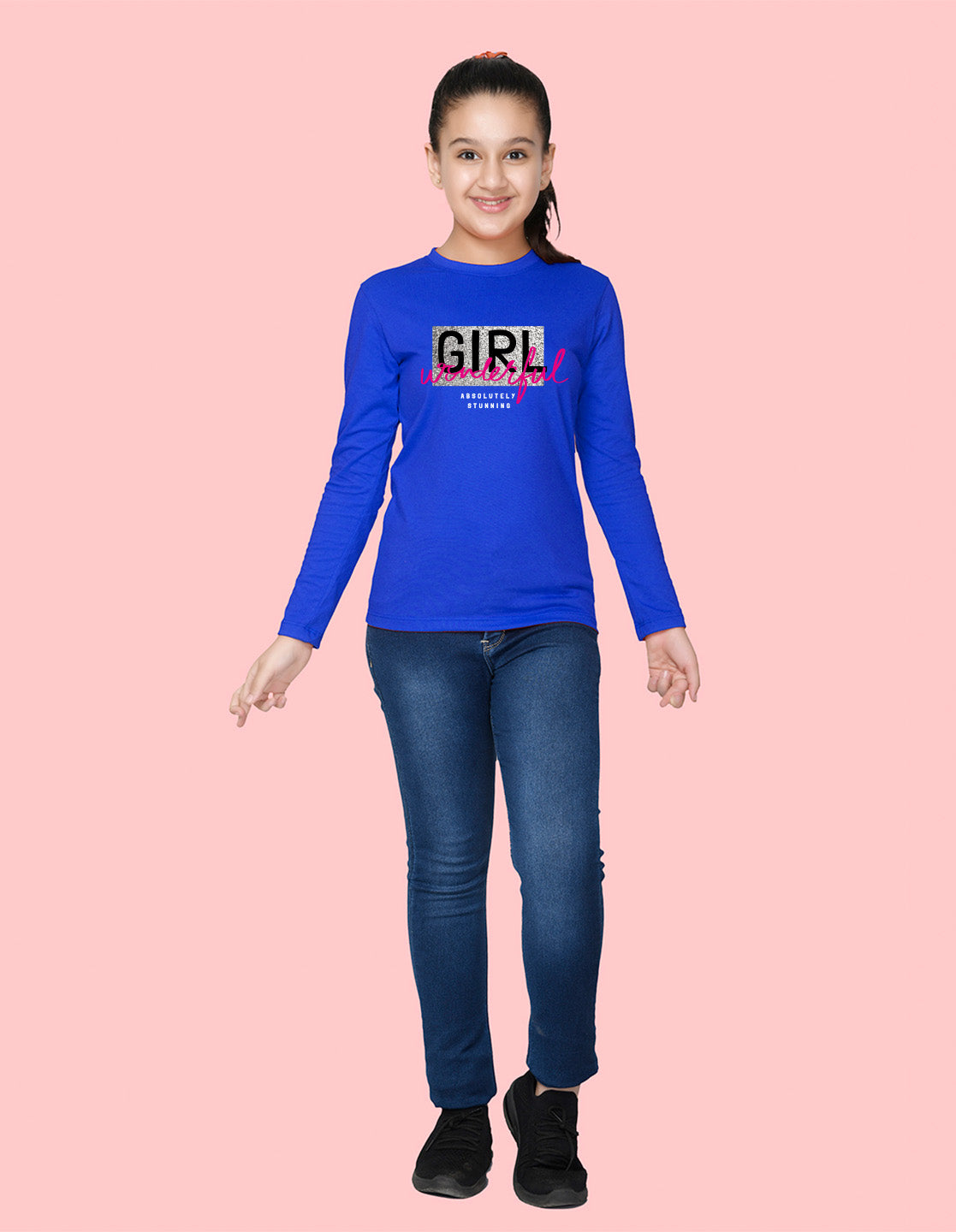 NUSYL Cotton blend full sleeves  Wonderful girl text Printed Tee-Royal Blue