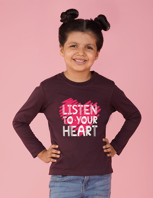 NUSYL Cotton blend full sleeves Listen to your heart text Printed Tee-Wine
