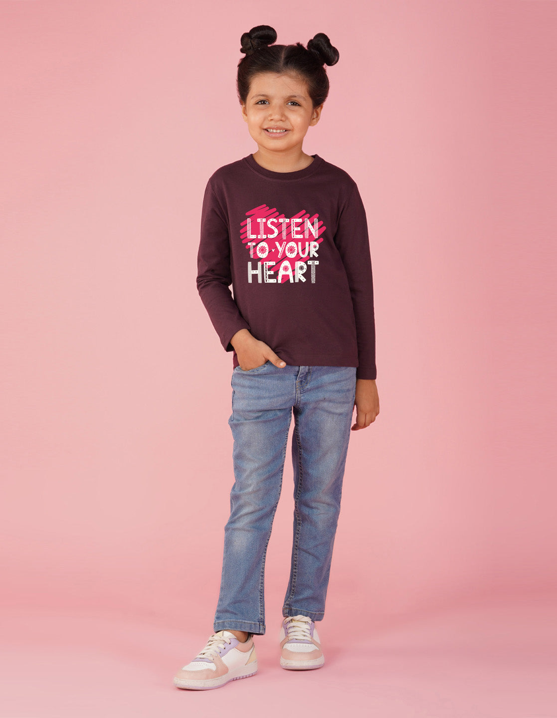 NUSYL Cotton blend full sleeves Listen to your heart text Printed Tee-Wine