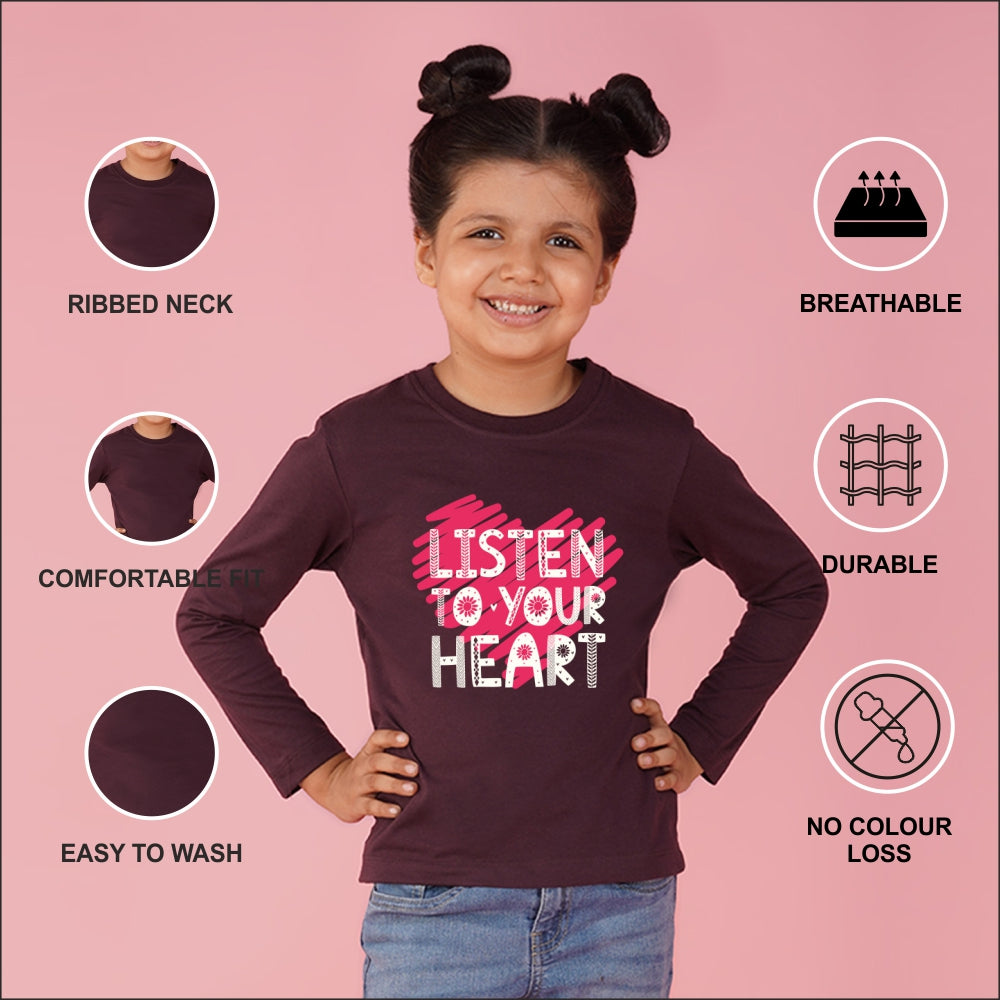 NUSYL Cotton blend full sleeves Listen to your heart text Printed Tee-Wine