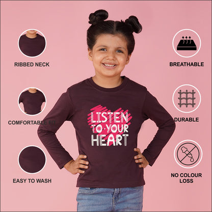NUSYL Cotton blend full sleeves Listen to your heart text Printed Tee-Wine