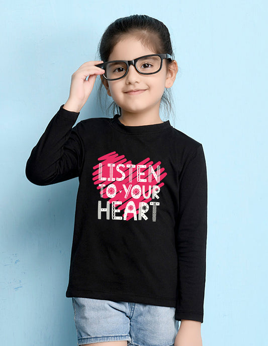 NUSYL Cotton blend full sleeves Listen to your heart text Printed Tee-Black