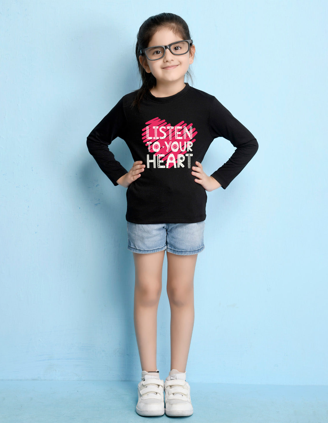 NUSYL Cotton blend full sleeves Listen to your heart text Printed Tee-Black
