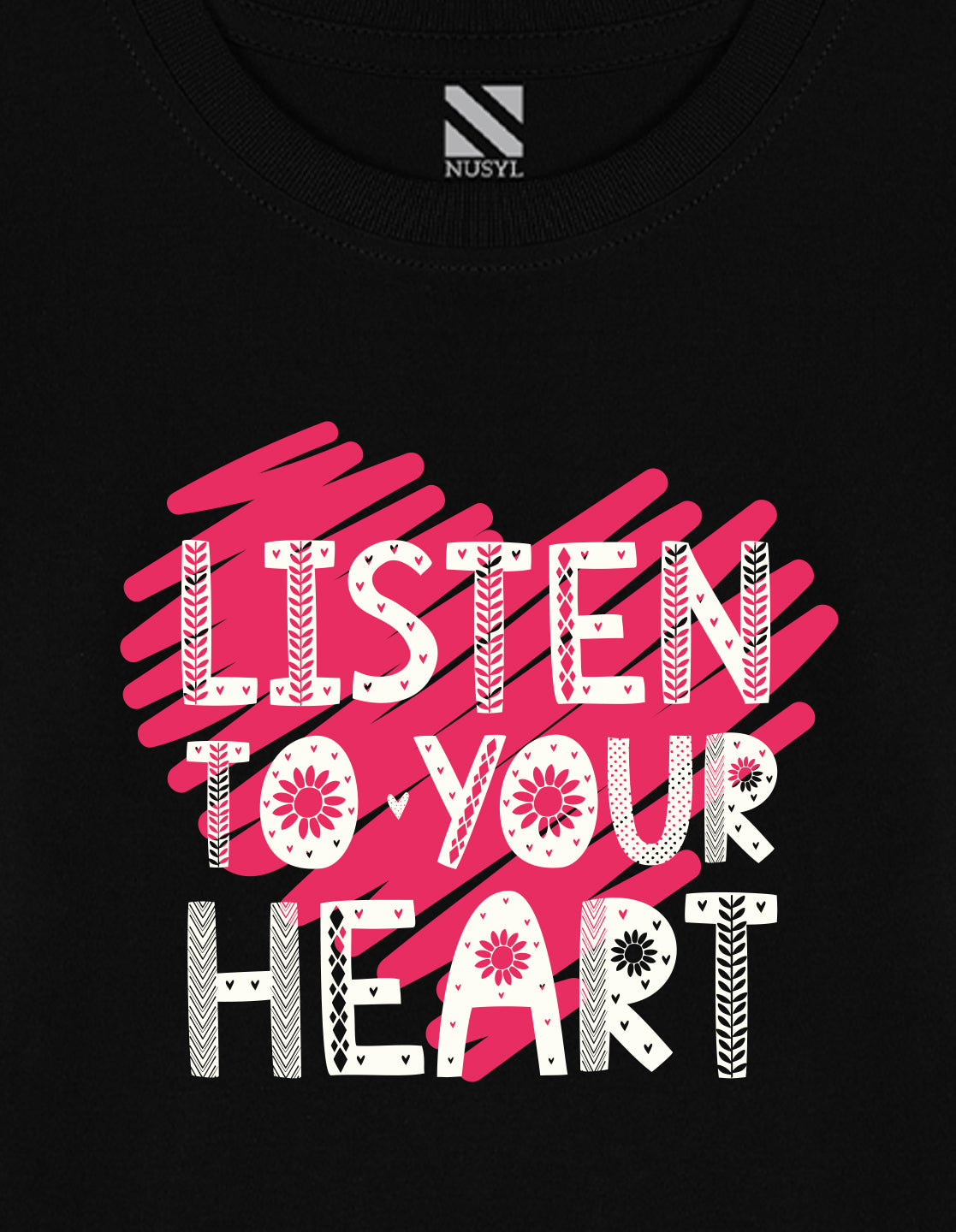 NUSYL Cotton blend full sleeves Listen to your heart text Printed Tee-Black