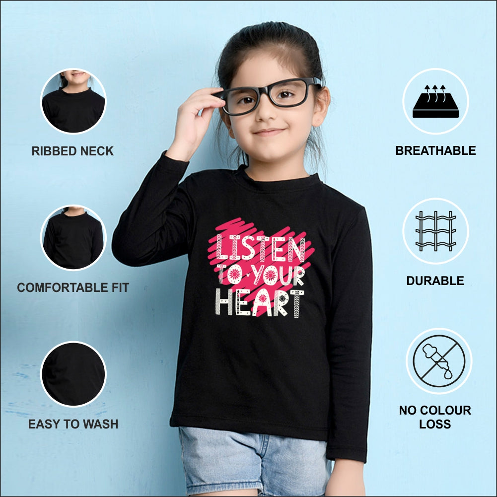 NUSYL Cotton blend full sleeves Listen to your heart text Printed Tee-Black