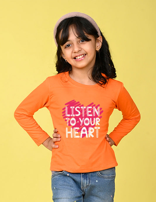 NUSYL Cotton blend full sleeves Listen to your heart text Printed Tee-Orange