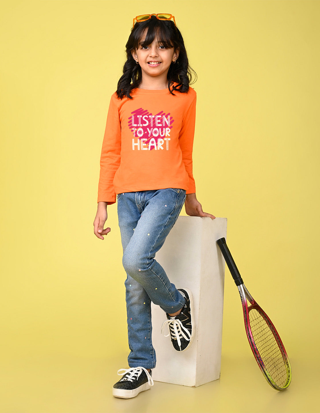 NUSYL Cotton blend full sleeves Listen to your heart text Printed Tee-Orange