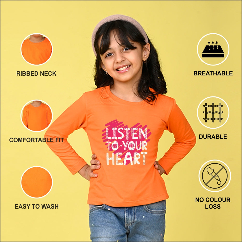 NUSYL Cotton blend full sleeves Listen to your heart text Printed Tee-Orange