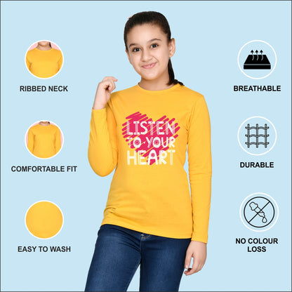 NUSYL Cotton blend full sleeves Listen to your heart text Printed Tee-Yellow