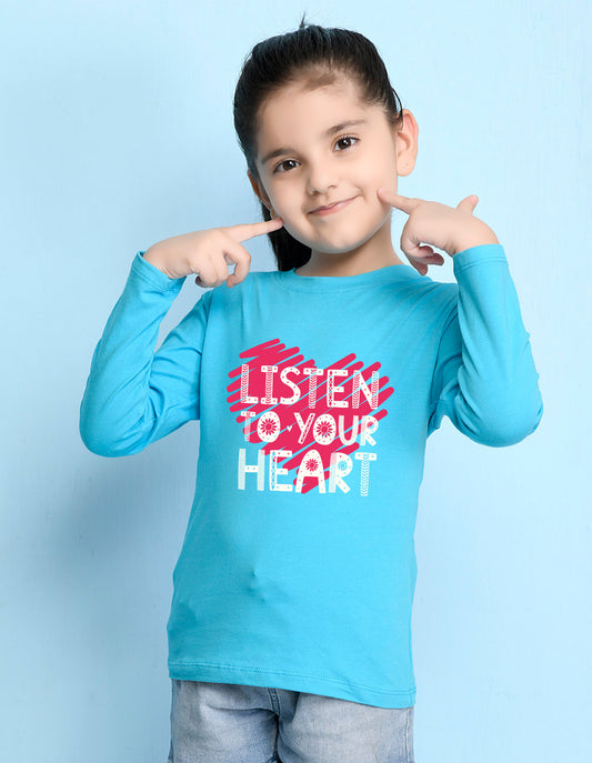 NUSYL Cotton blend full sleeves Listen to your heart text Printed Tee-Sky Blue