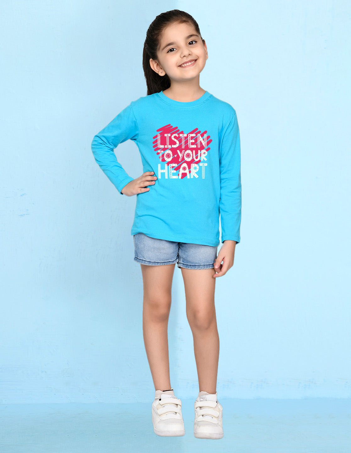 NUSYL Cotton blend full sleeves Listen to your heart text Printed Tee-Sky Blue