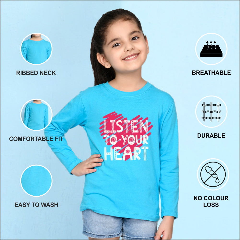NUSYL Cotton blend full sleeves Listen to your heart text Printed Tee-Sky Blue