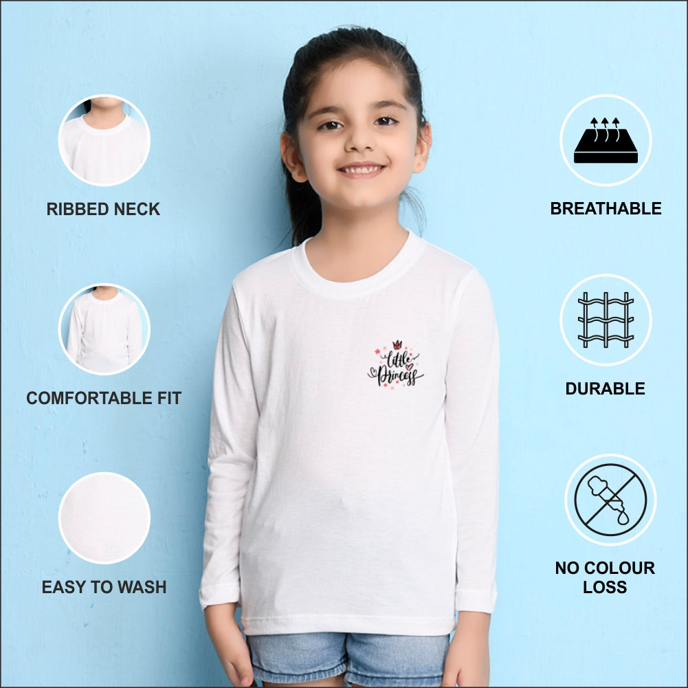NUSYL Cotton blend full sleeves Little princess text Printed Tee-White