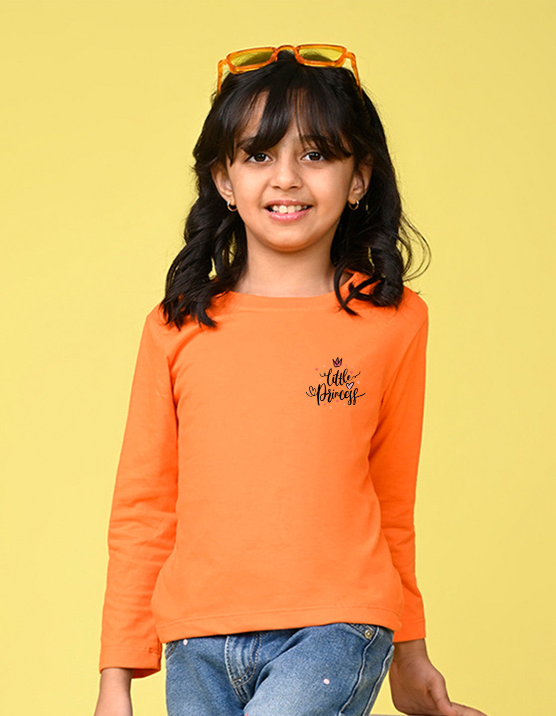 NUSYL Cotton blend full sleeves Little princess text Printed Tee-Orange
