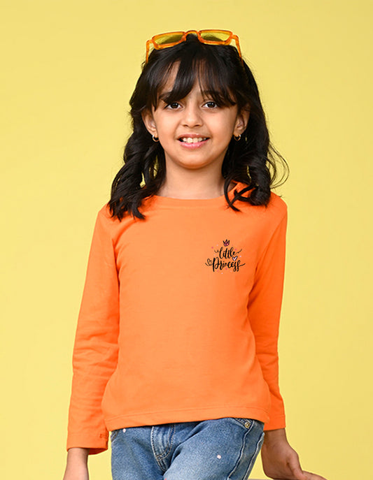 NUSYL Cotton blend full sleeves Little princess text Printed Tee-Orange