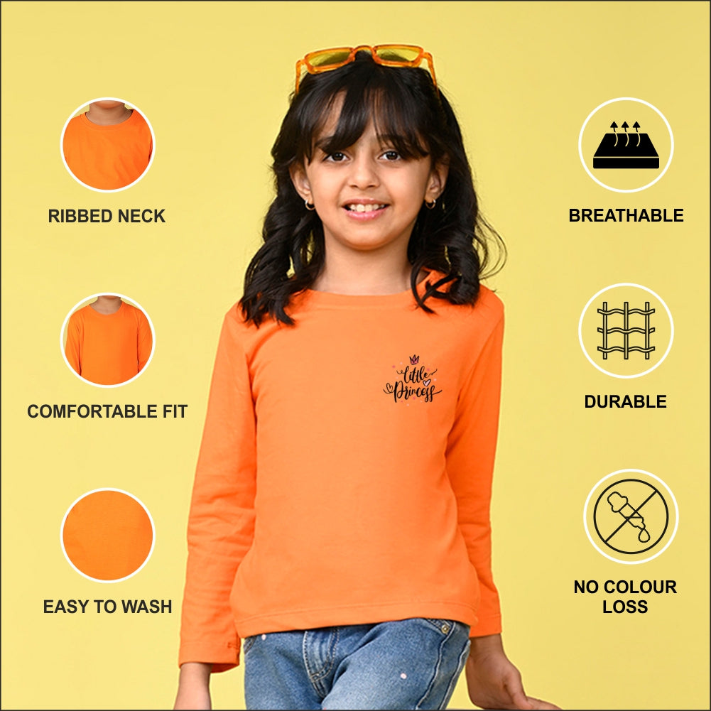 NUSYL Cotton blend full sleeves Little princess text Printed Tee-Orange