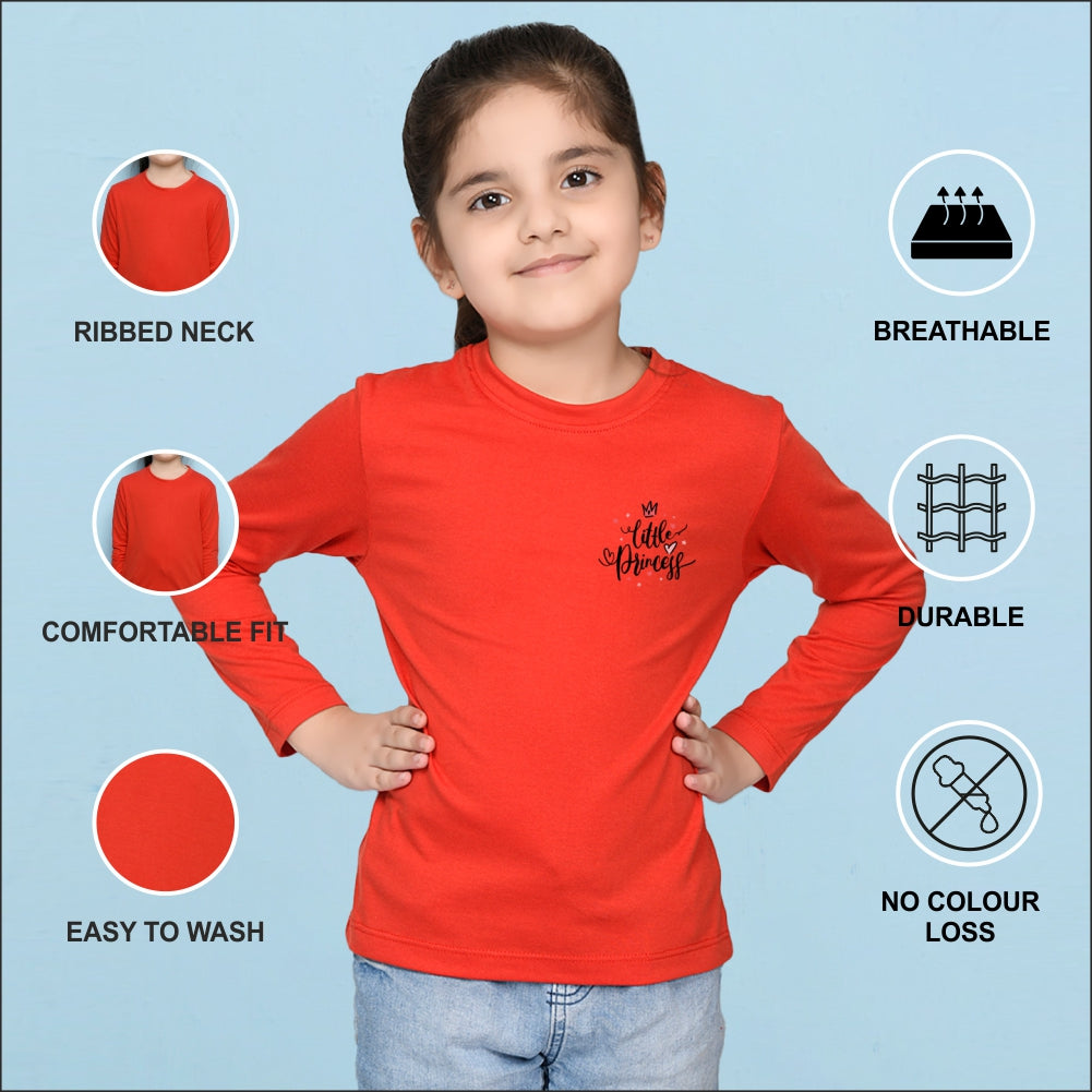 NUSYL Cotton blend full sleeves Little princess text Printed Tee-Red