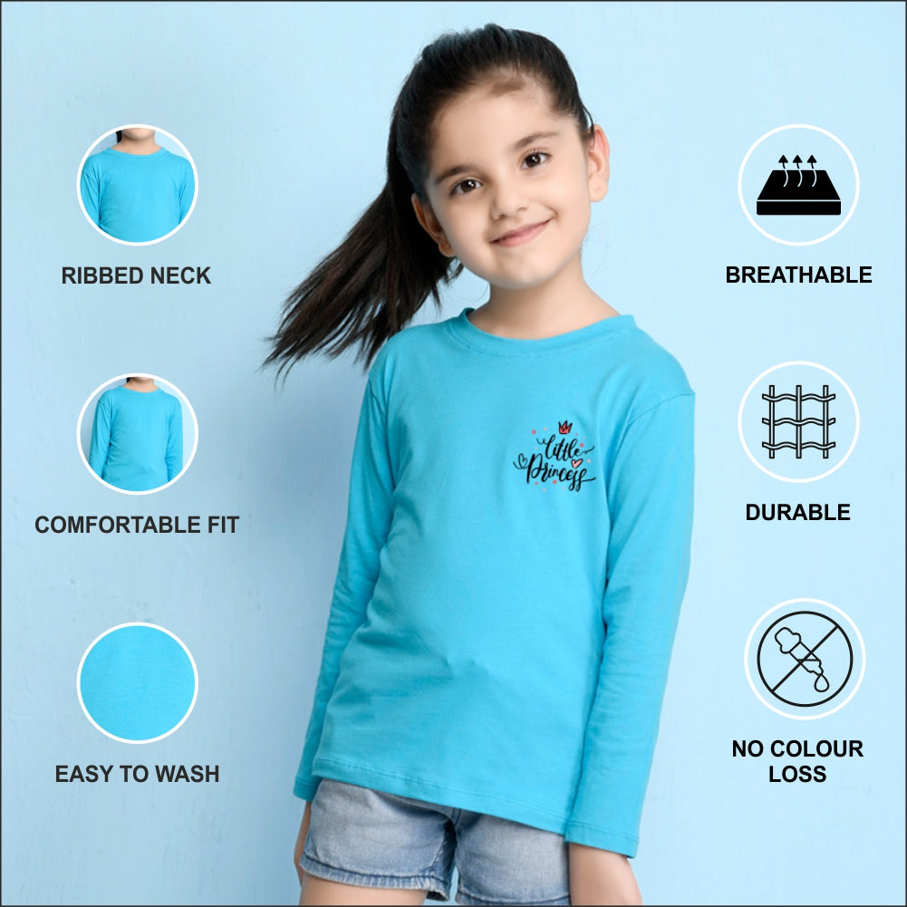 NUSYL Cotton blend full sleeves Little princess text Printed Tee-Sky Blue