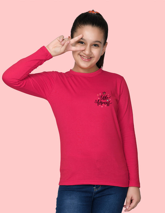 NUSYL Cotton blend full sleeves Little princess text Printed Tee-Hot Pink