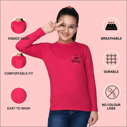 NUSYL Cotton blend full sleeves Little princess text Printed Tee-Hot Pink