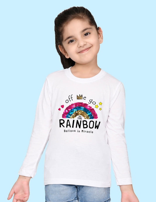 NUSYL Cotton blend full sleeves Rainbow believe in miracle text Printed Tee-White