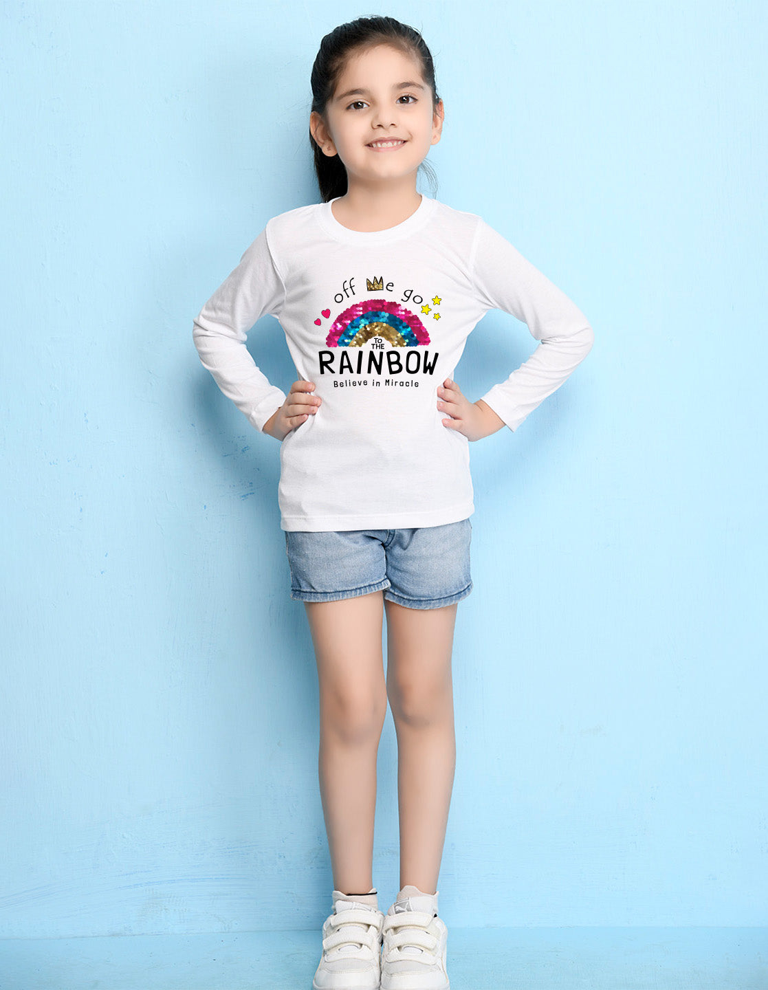 NUSYL Cotton blend full sleeves Rainbow believe in miracle text Printed Tee-White