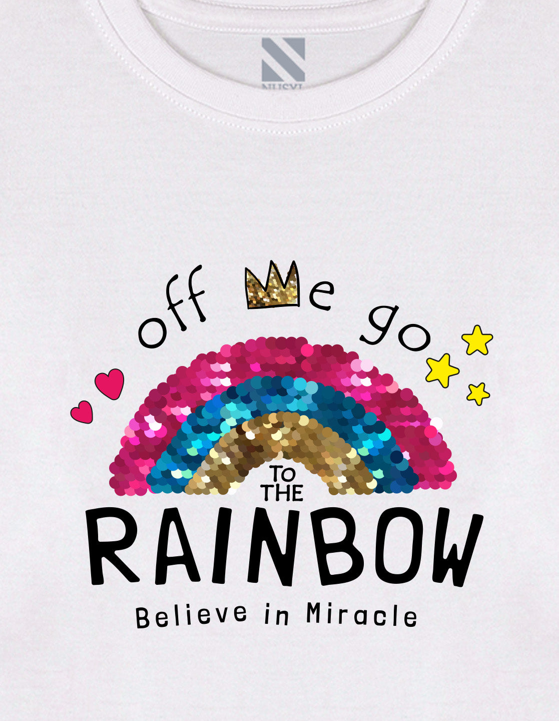 NUSYL Cotton blend full sleeves Rainbow believe in miracle text Printed Tee-White