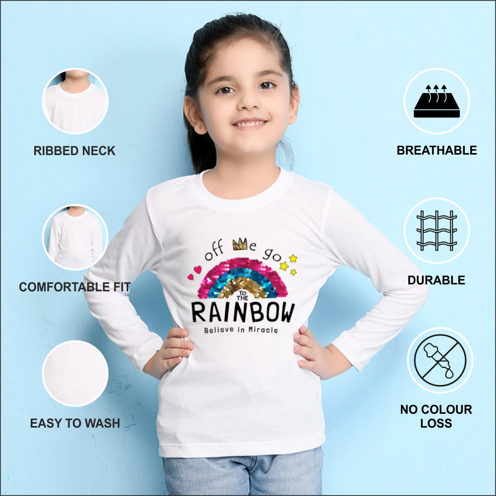 NUSYL Cotton blend full sleeves Rainbow believe in miracle text Printed Tee-White