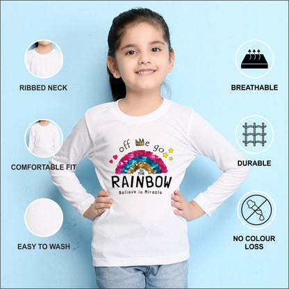 NUSYL Cotton blend full sleeves Rainbow believe in miracle text Printed Tee-White