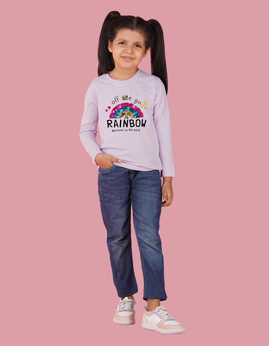 NUSYL Cotton blend full sleeves Rainbow believe in miracle text Printed Tee-Lilac