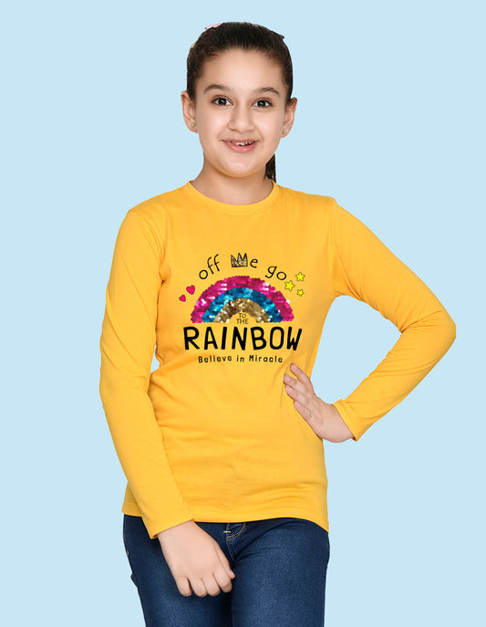 NUSYL Cotton blend full sleeves Rainbow believe in miracle text Printed Tee-Yellow