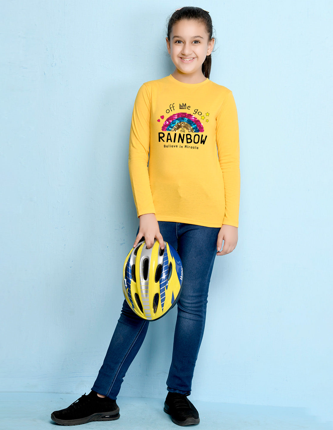 NUSYL Cotton blend full sleeves Rainbow believe in miracle text Printed Tee-Yellow
