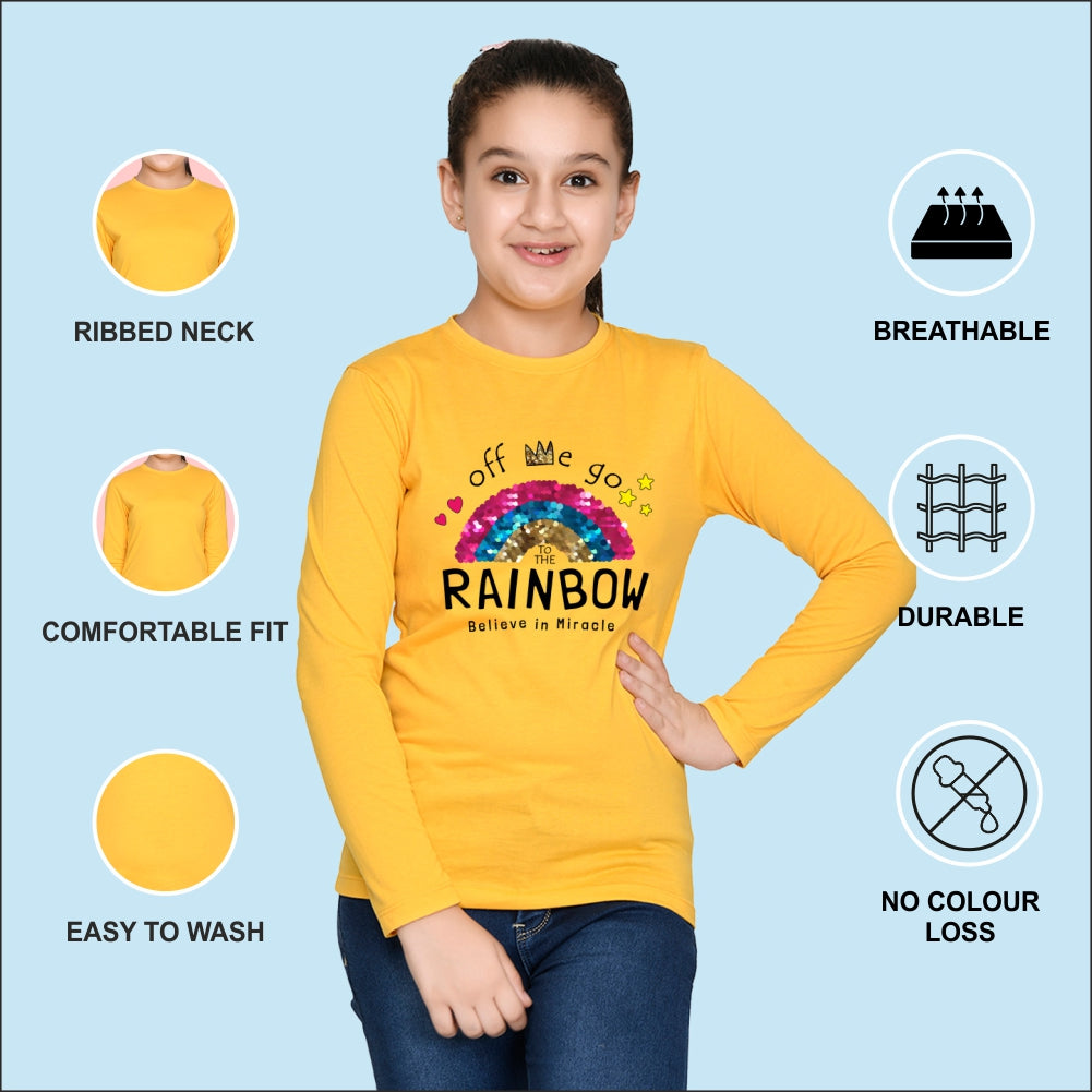 NUSYL Cotton blend full sleeves Rainbow believe in miracle text Printed Tee-Yellow