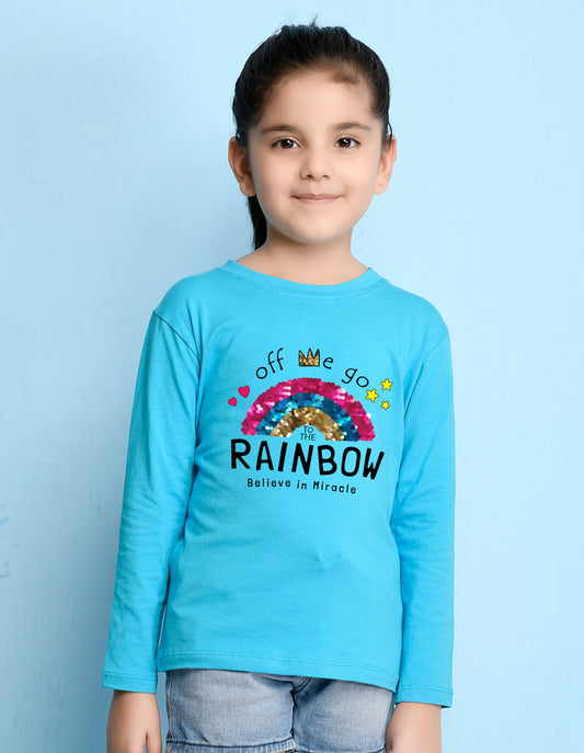 NUSYL Cotton blend full sleeves Rainbow believe in miracle text Printed Tee-Sky Blue