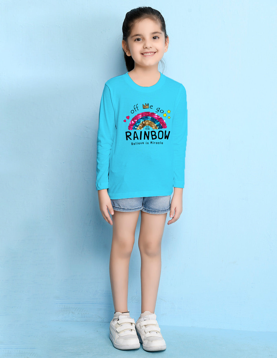 NUSYL Cotton blend full sleeves Rainbow believe in miracle text Printed Tee-Sky Blue