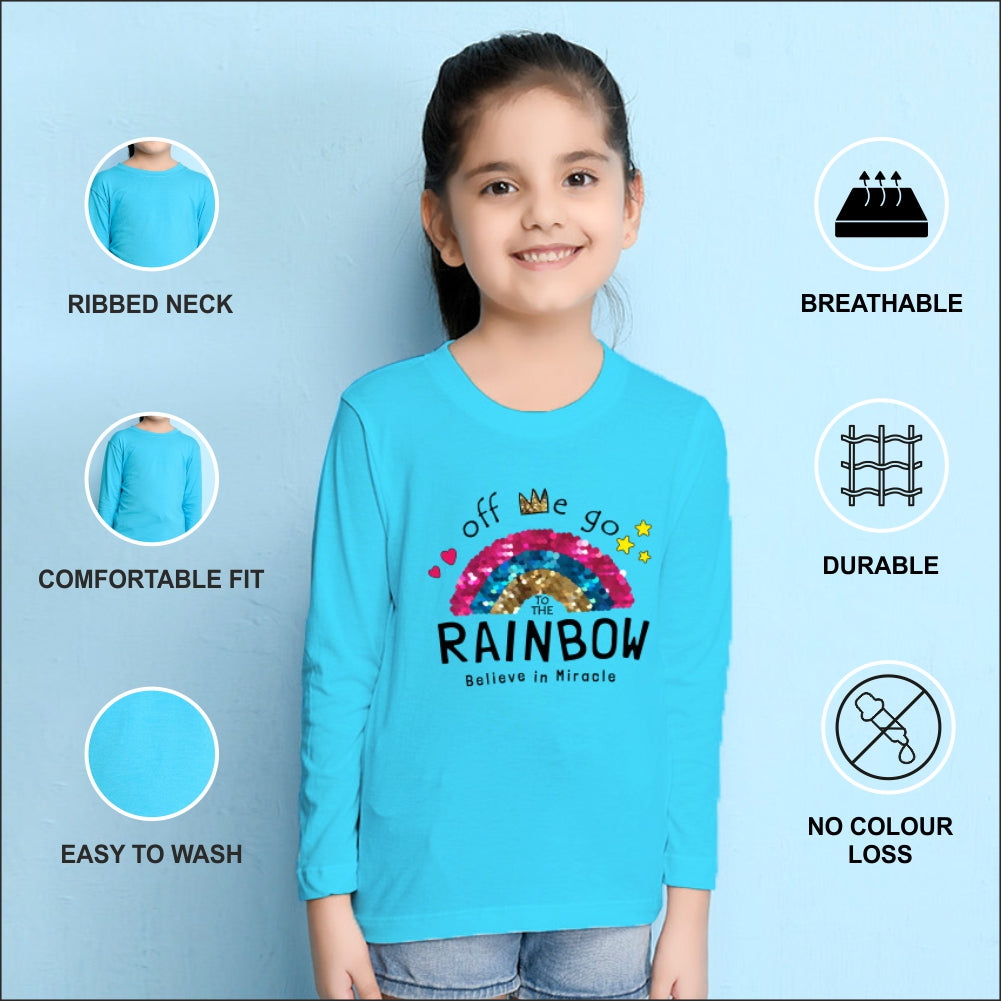 NUSYL Cotton blend full sleeves Rainbow believe in miracle text Printed Tee-Sky Blue