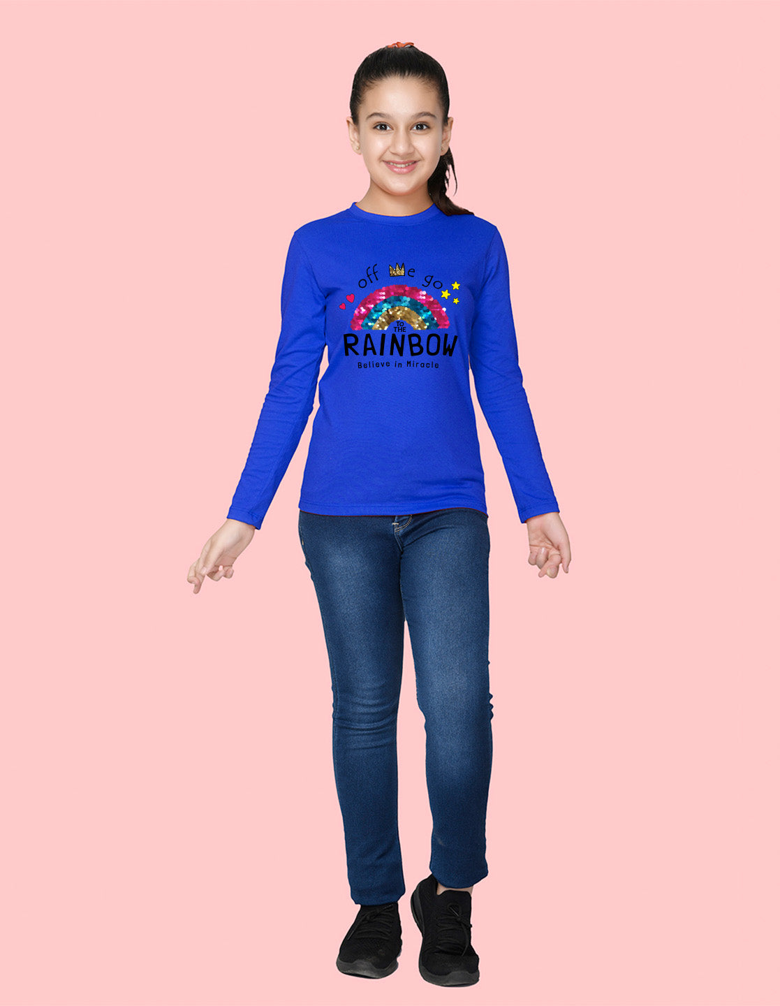 NUSYL Cotton blend full sleeves Rainbow believe in miracle text Printed Tee-Royal Blue