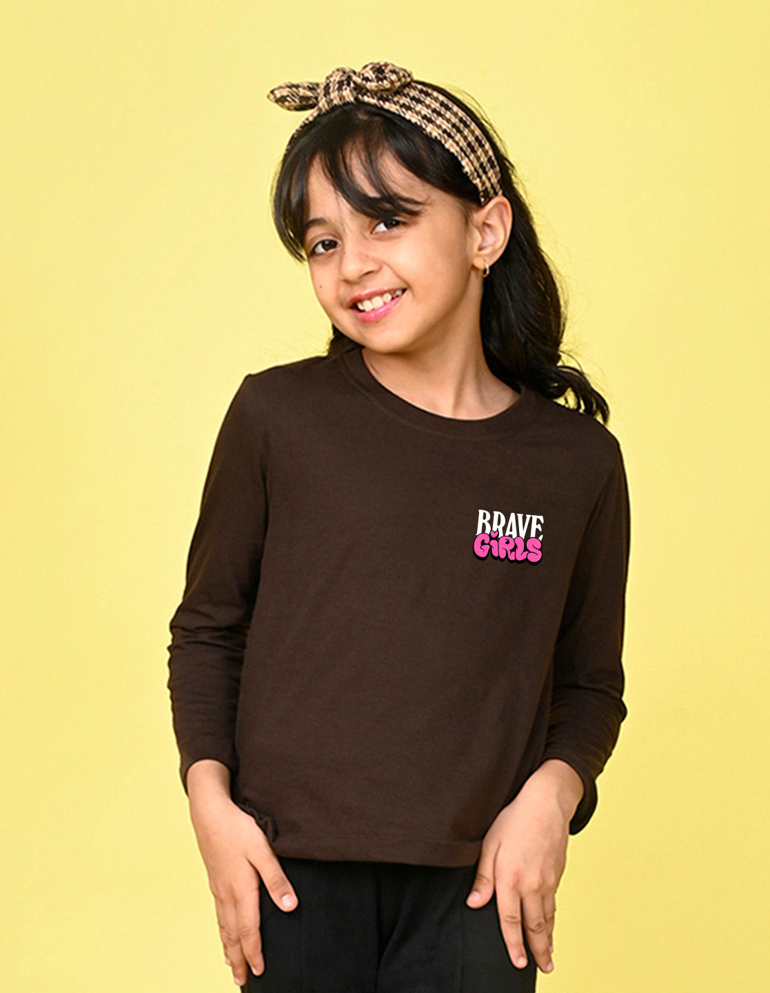 NUSYL Cotton blend full sleeves Brave Girls text Printed Tee-Brown