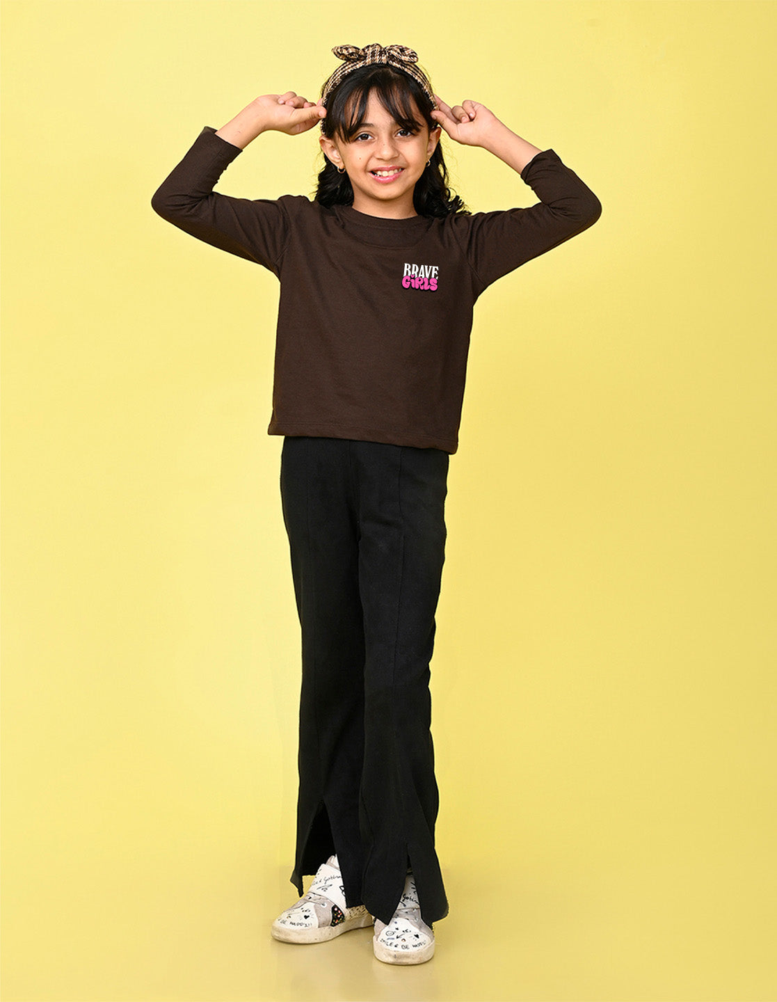 NUSYL Cotton blend full sleeves Brave Girls text Printed Tee-Brown