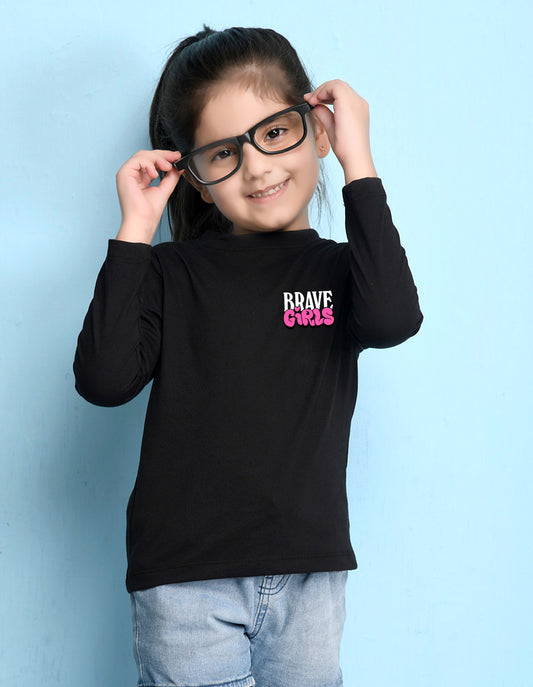 NUSYL Cotton blend full sleeves Brave Girls text Printed Tee-Black